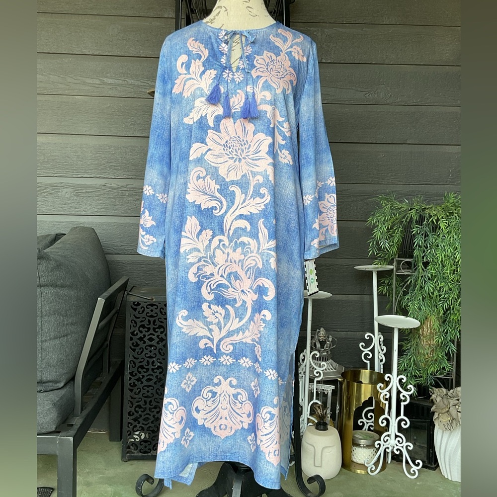 BNWT Johnny Was Florentina Kimono Sleeve Midi Dress Blue Silk Blend M $255
